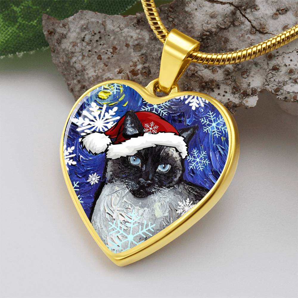Siamese Cat Christmas Heart Necklace