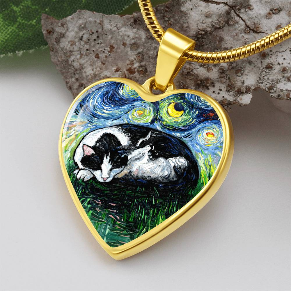 Sleeping Tuxedo Cat Starry Night Heart Necklace