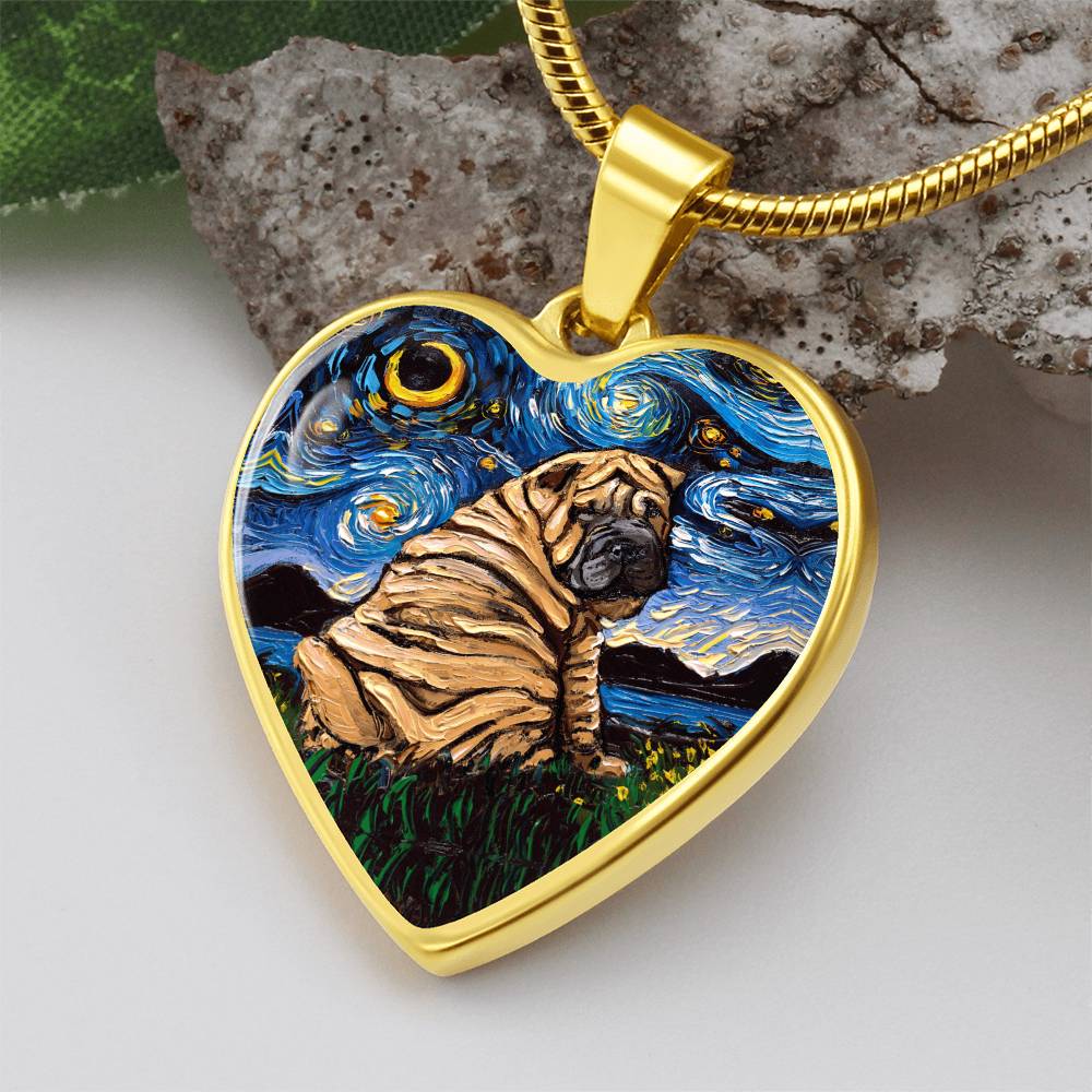 Brown Shar Pei Starry Night Heart Necklace