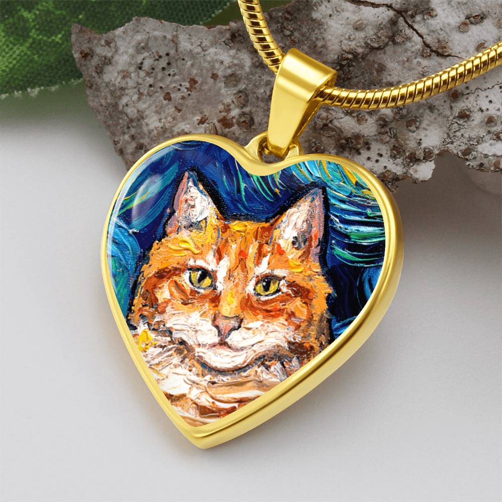 Orange Tabby Cat Portrait Starry Night Heart Necklace