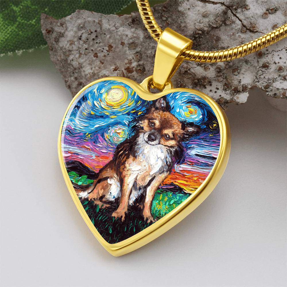 Long Hair Brown Chihuahua Starry Night Heart Necklace