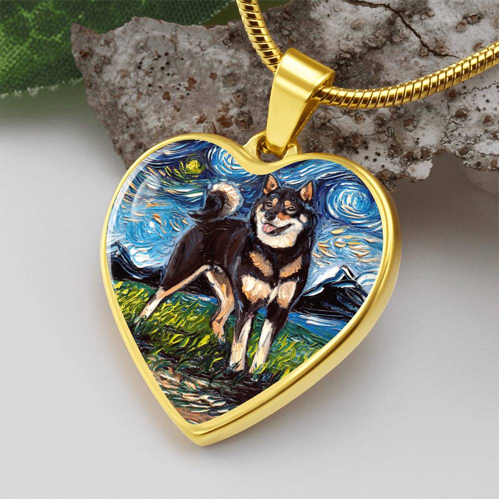 Black and Tan Shiba Inu Starry Night Heart Necklace
