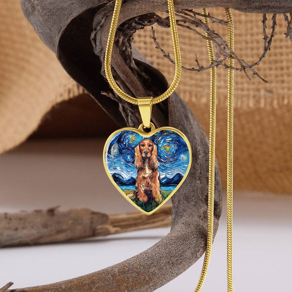 Red Cocker Spaniel Starry Night Heart Necklace