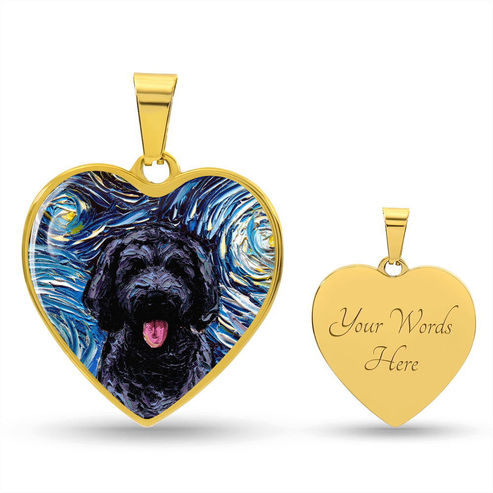 Black Goldendoodle Portrait Starry Night Heart Necklace