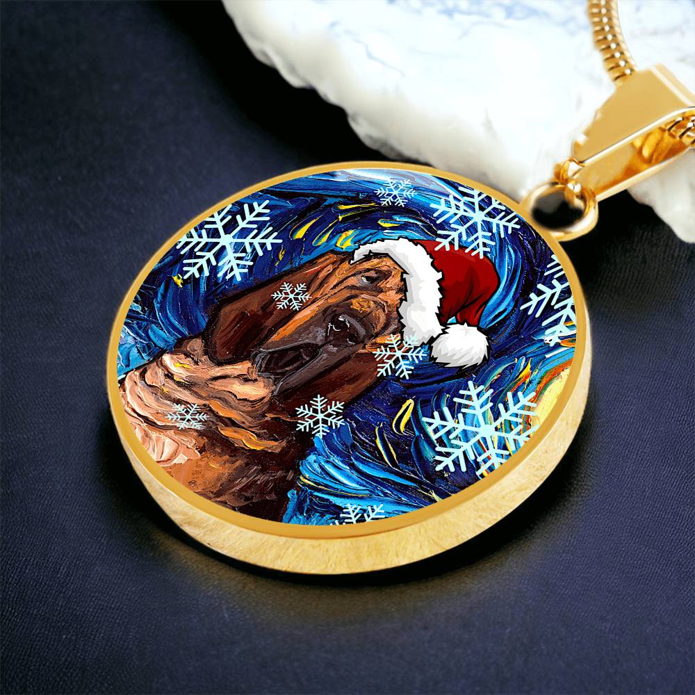 Bloodhound in Santa Hat Round Christmas Necklace