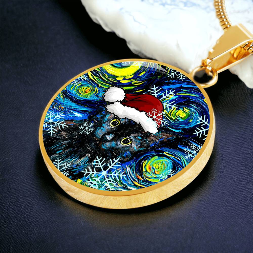Black Cat In Santa Hat Starry Night Round Necklace