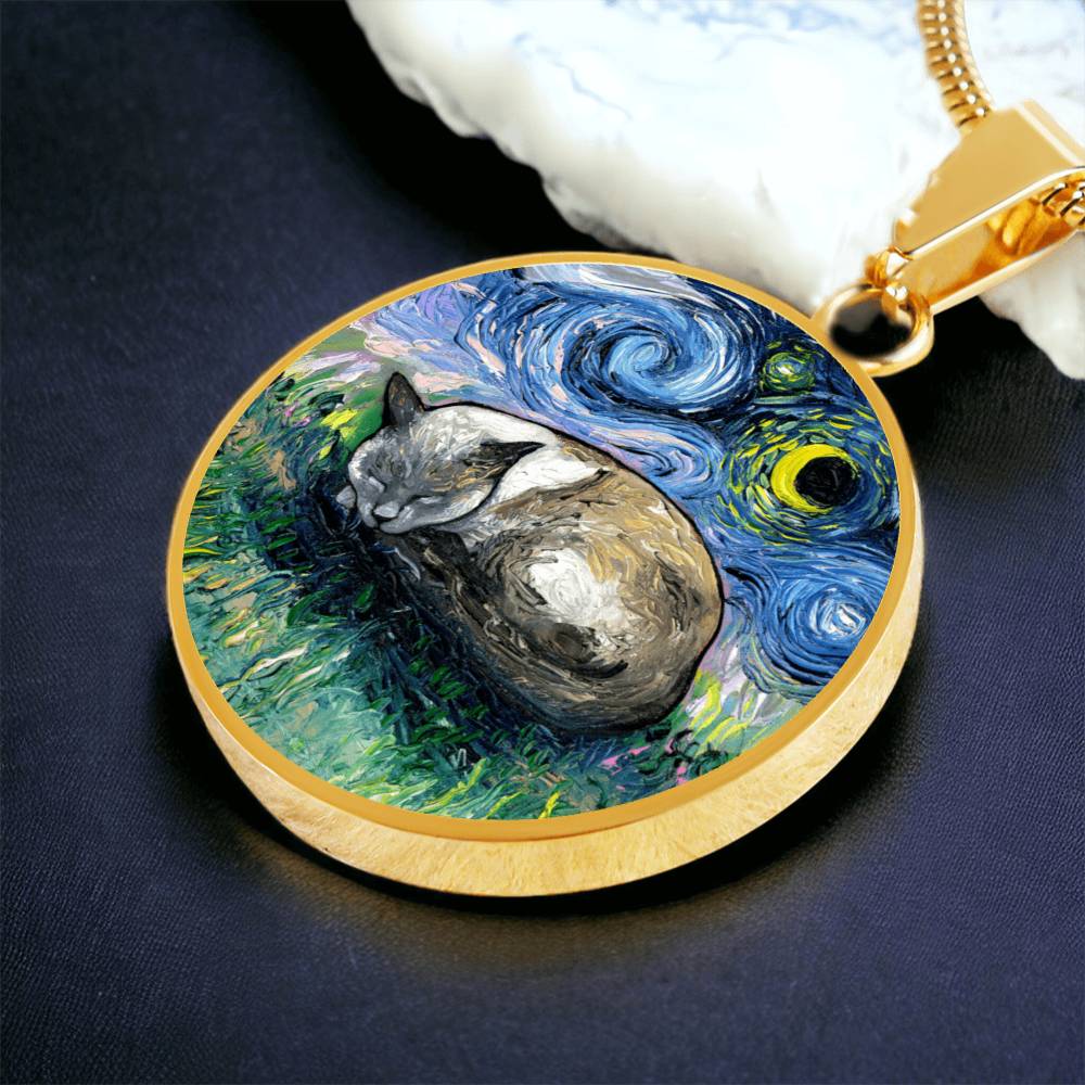 Sleeping Siamese Cat Starry Night Round Necklace