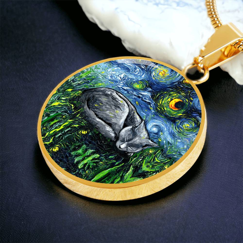 Sleeping Russian Blue Cat Starry Night Round Necklace