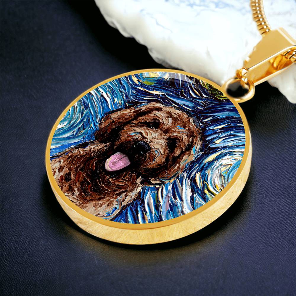 Chocolate Goldendoodle Starry Night Round Necklace