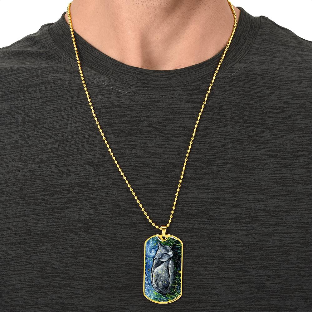 Russian Blue Cat Starry Night Dog Tag Necklace