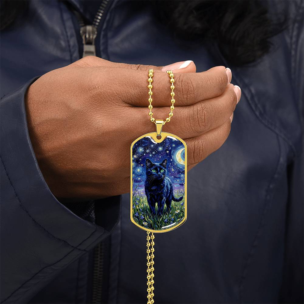 Amongst The Flowers - Black Cat Dog Tag Necklace