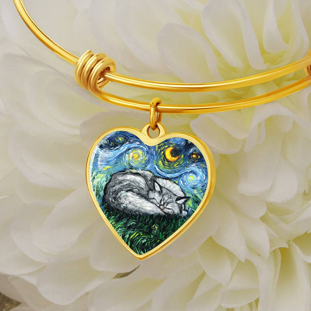 Sleeping Persian Cat Starry Night Heart Bangle Bracelet