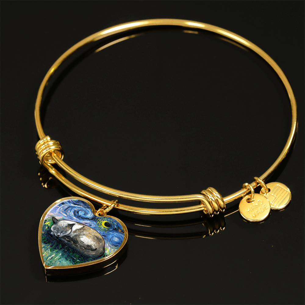 Sleeping Siamese Cat Starry Night Heart Bangle Bracelet