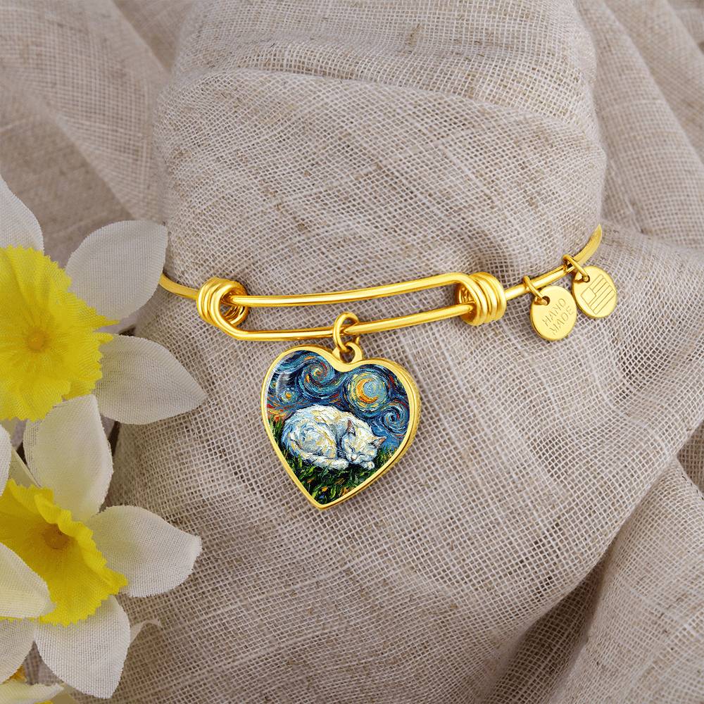 Sleepy White Cat Night Heart Bracelet