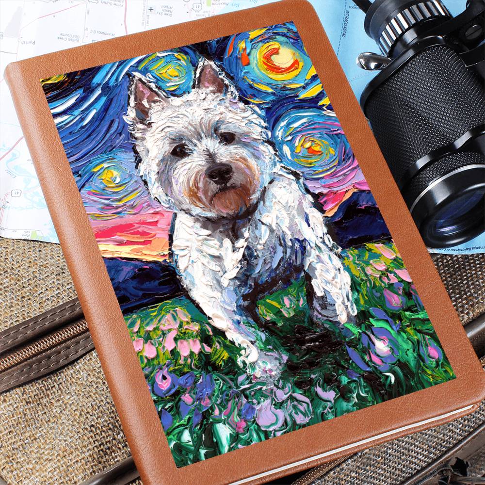 Westie and Flowers Starry Night Leather Journal