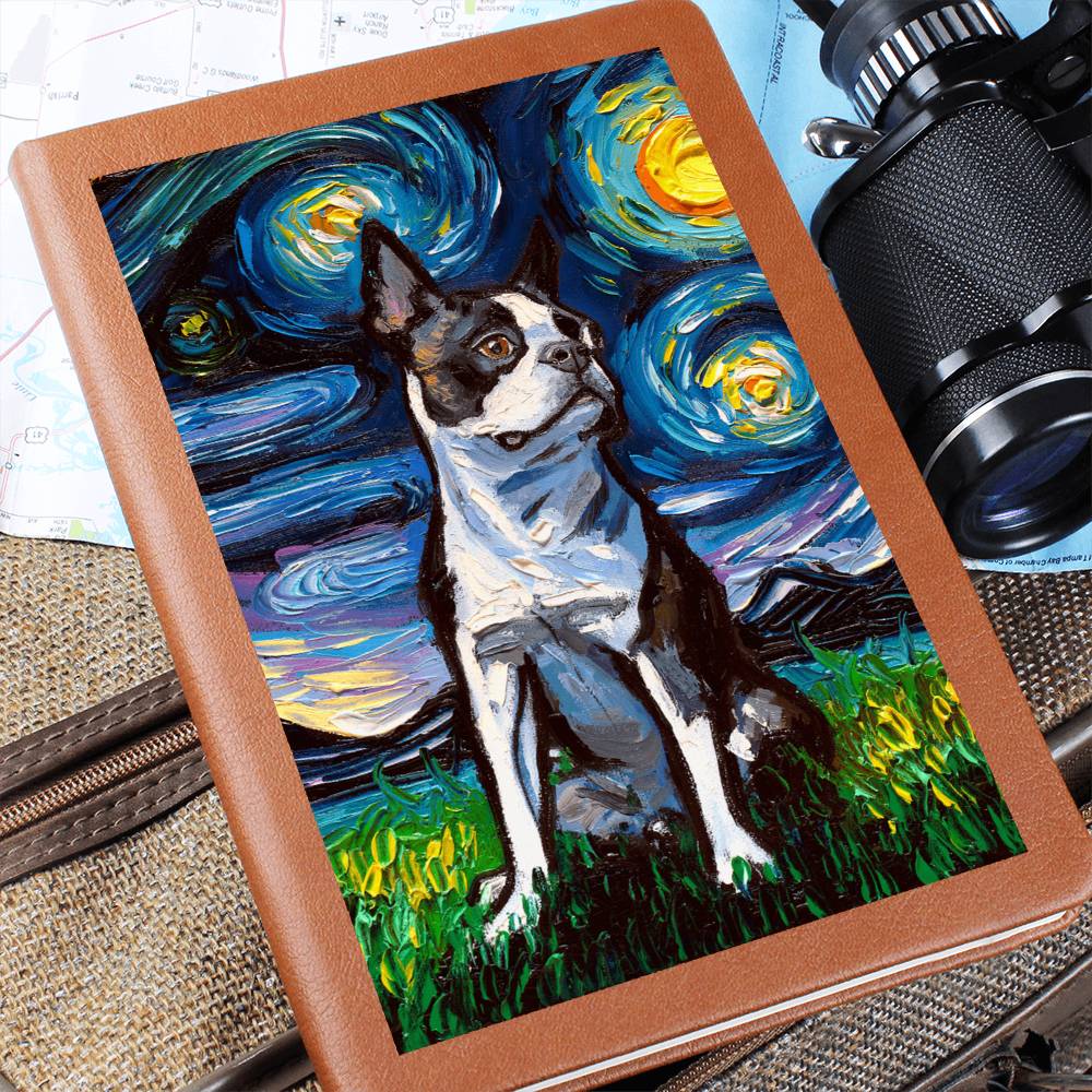 Boston Terrier Starry Night Leather Journal