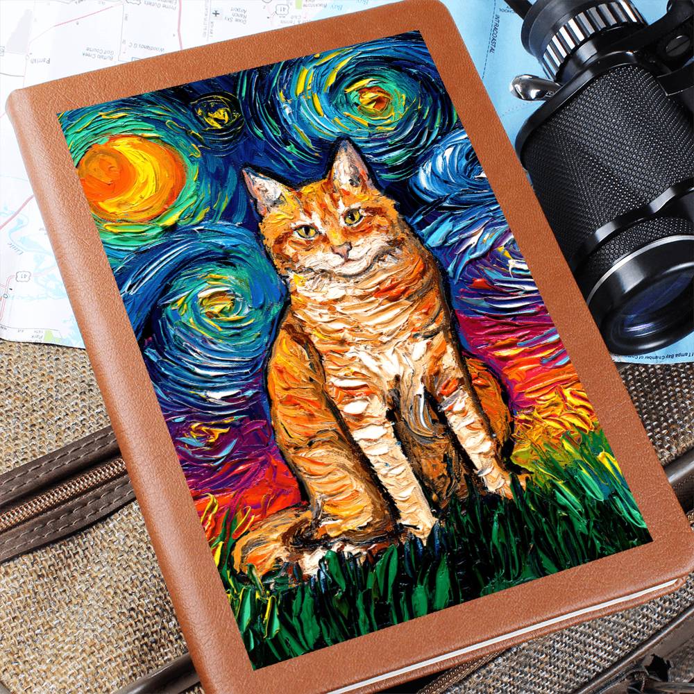 Seated Orange Tabby Starry Night Leather Journal