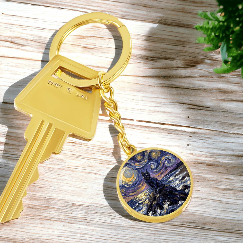 Beach Night - Black Cat Round Keychain