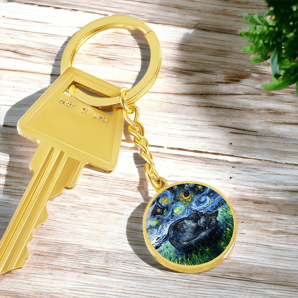 Sleeping Black Cat Starry Night Round Keychain