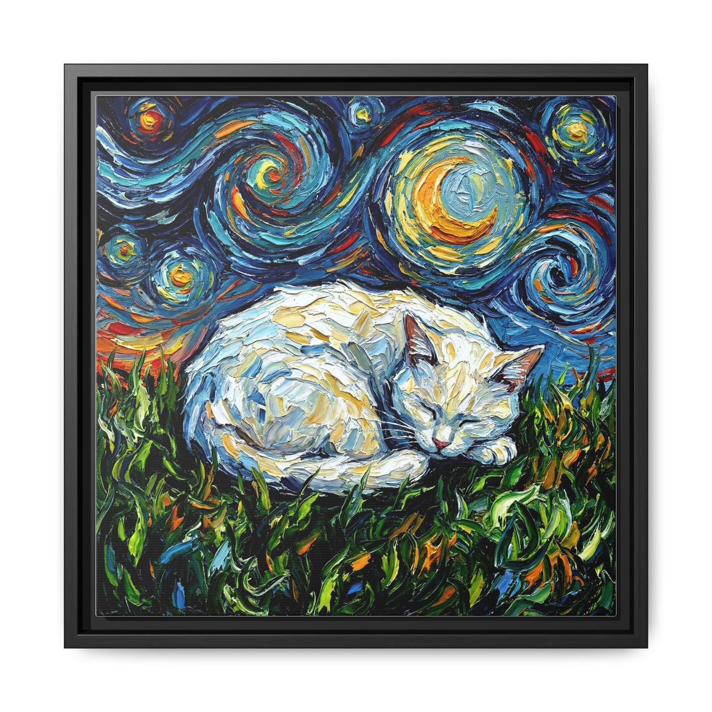 "Sleepy White Cat Night" Framed Canvas Wall Art
