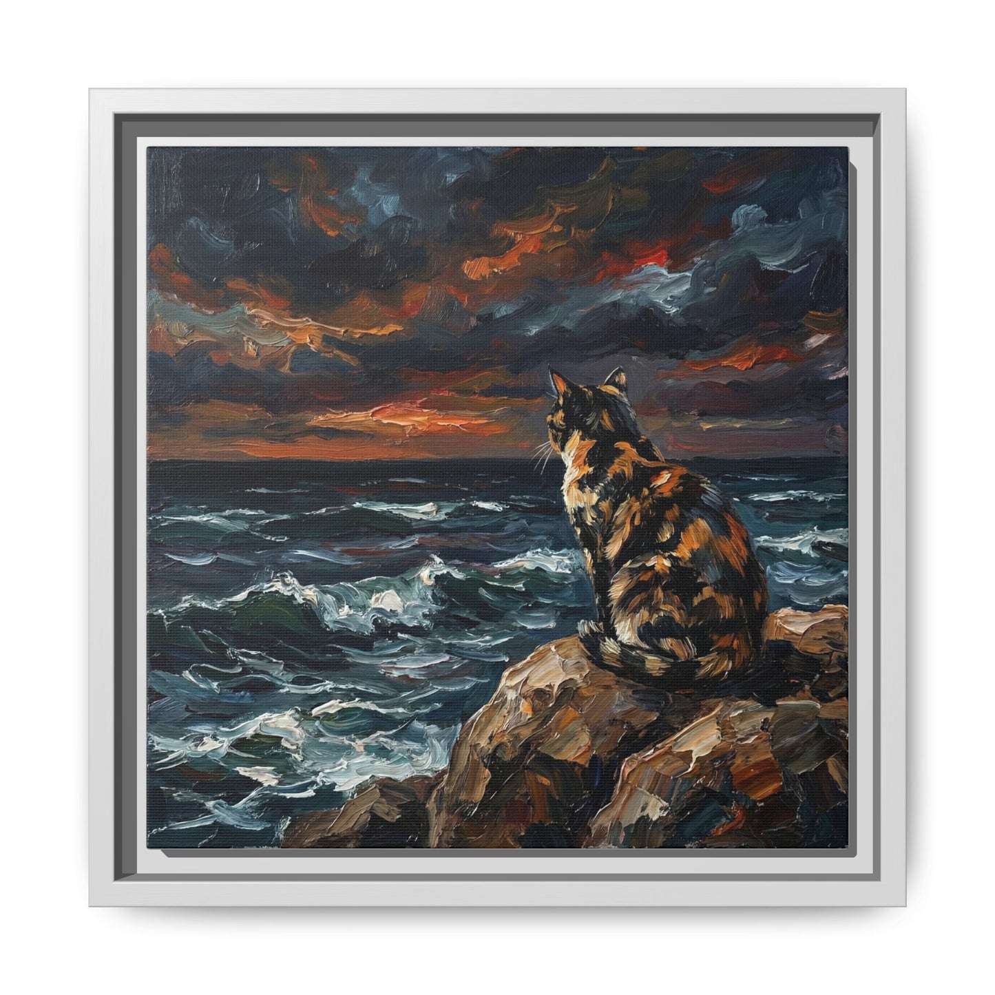 "Beach Night - Tortie Cat" Framed Canvas Wall Art