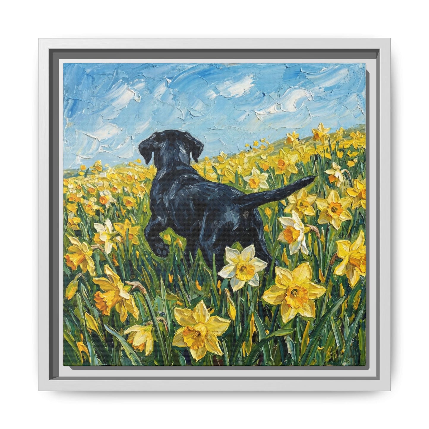 "Amongst The Flowers - Black Labrador" Framed Canvas Wall Art