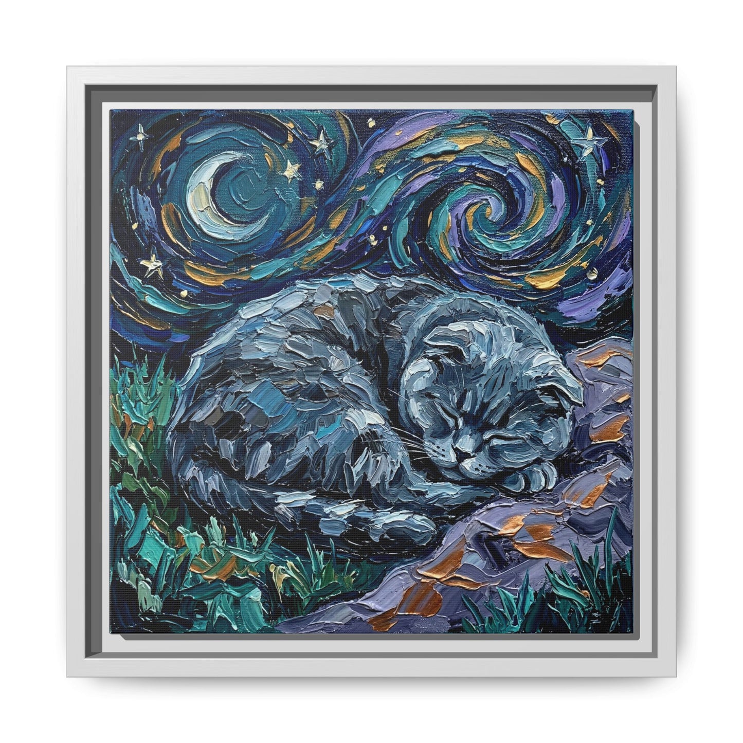 "Sleepy Scottish Fold Night" Framed Canvas Wall Art