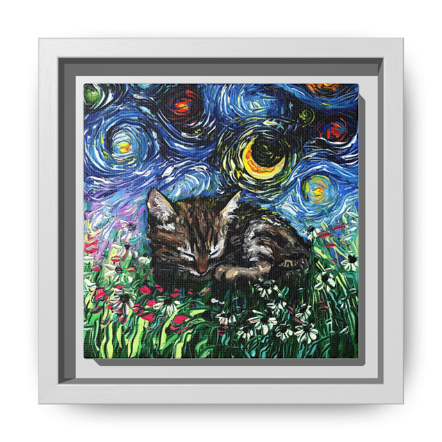 "Sleepy Tabby Kitten Night" Framed Canvas Wall Art