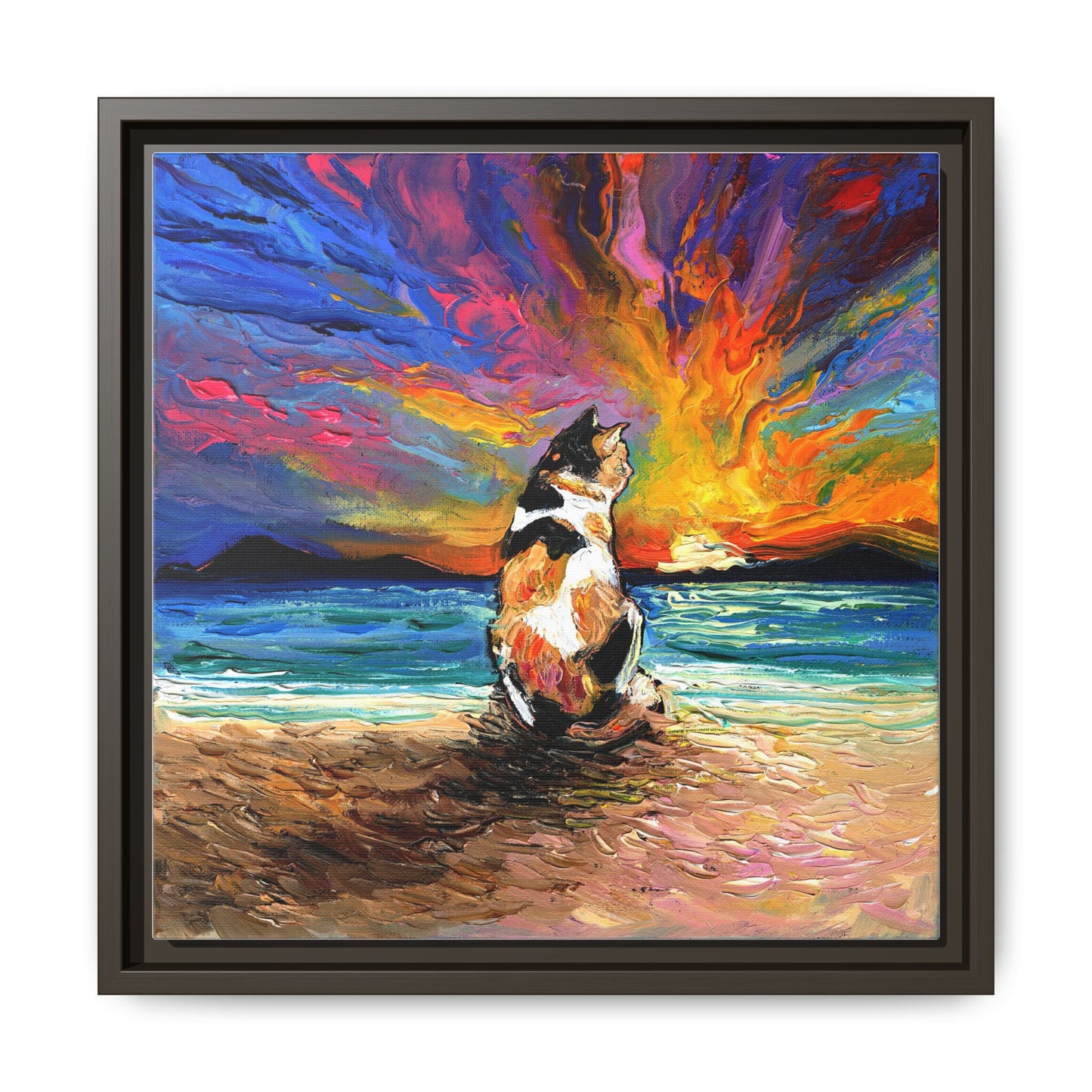 "Beach Day - Calico Cat" Framed Canvas Wall Art
