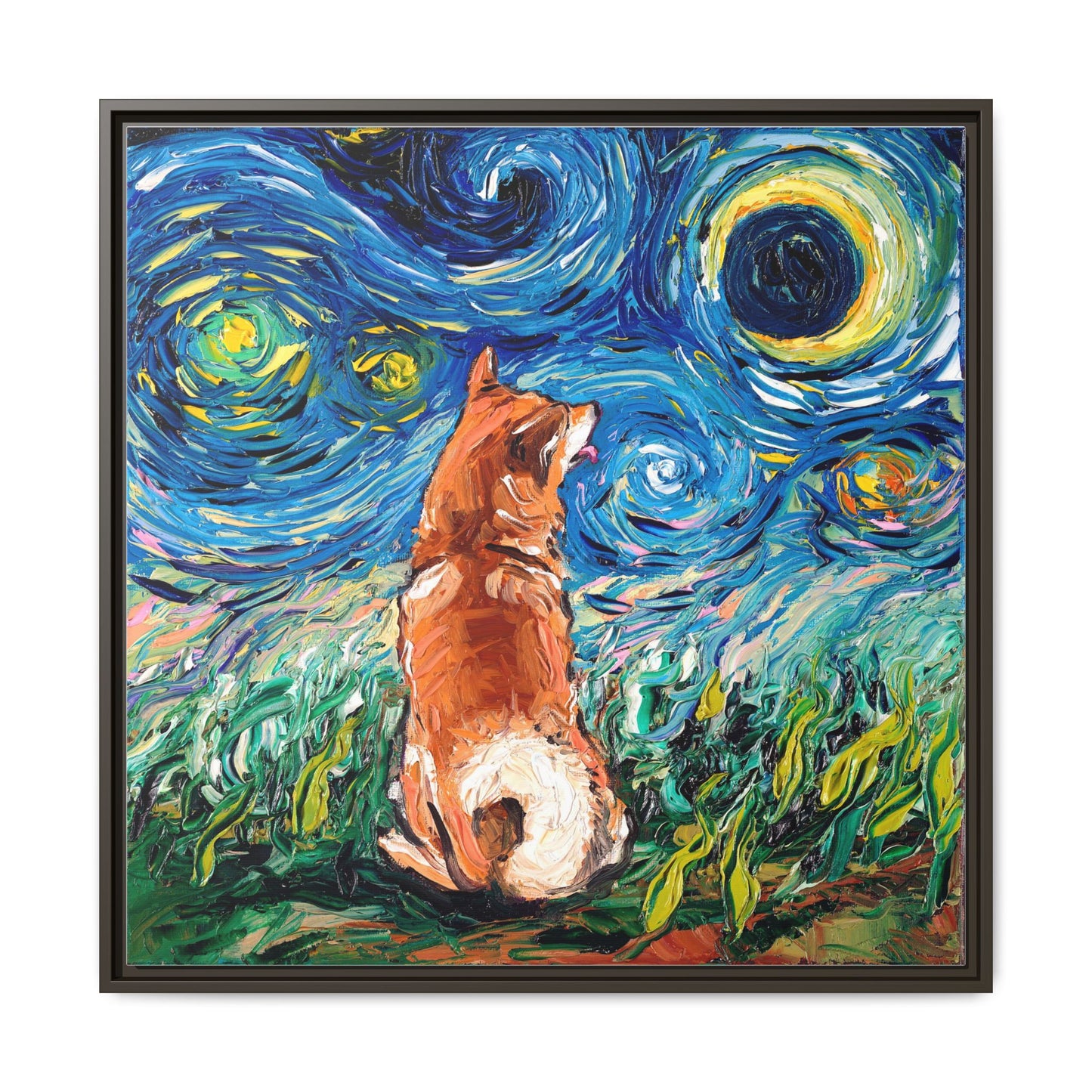 "Shiba Inu Night" Framed Canvas Wall Art