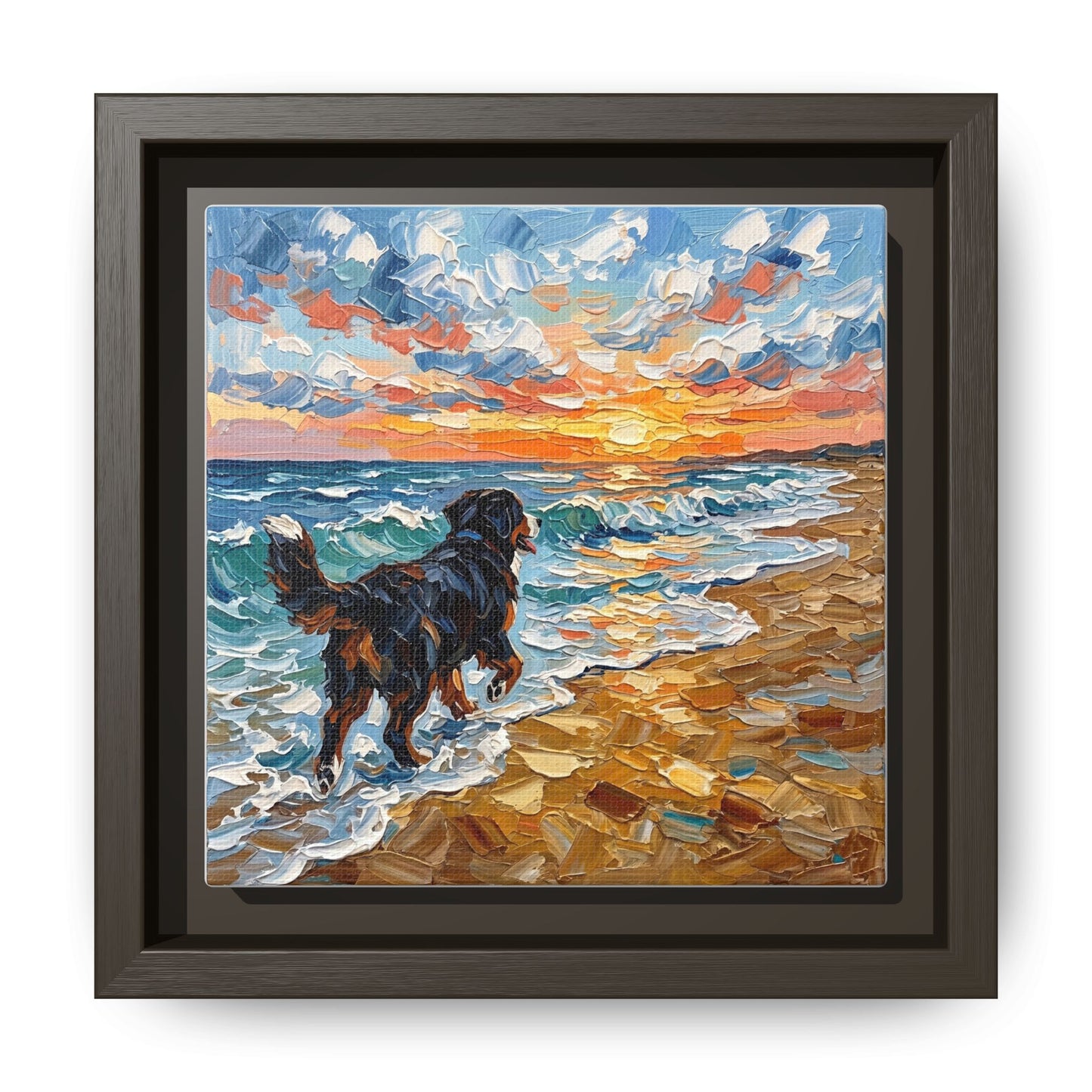 "Beach Day - Frolicking Bernese Mountain Dog" Framed Canvas Wall Art
