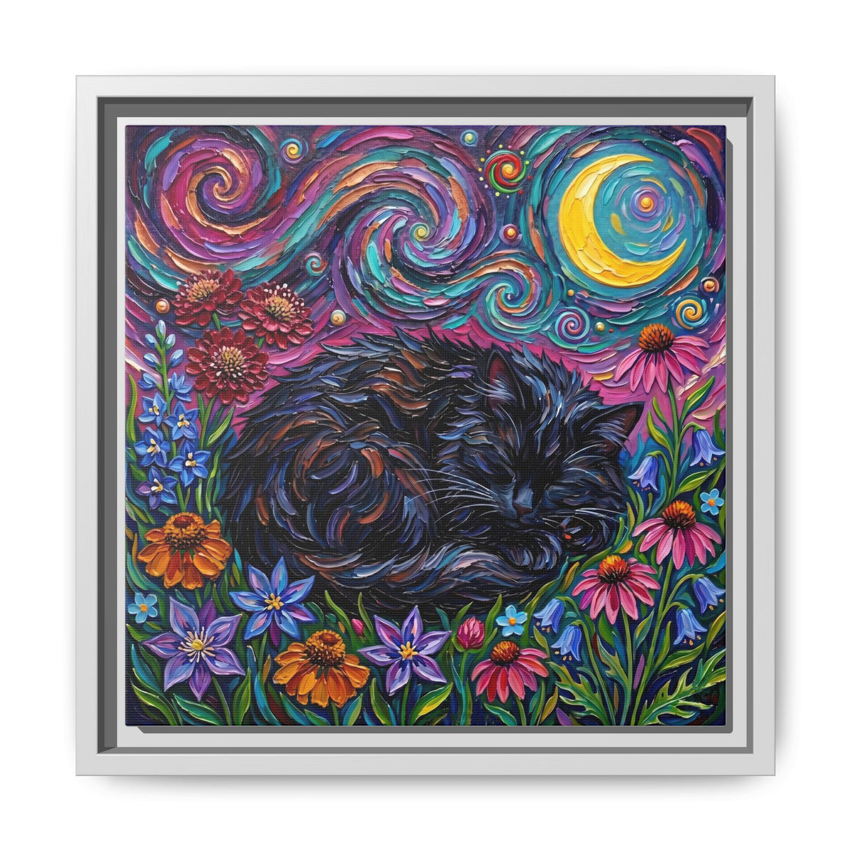 "Amongst The Flowers - Black Cat" Framed Canvas Wall Art
