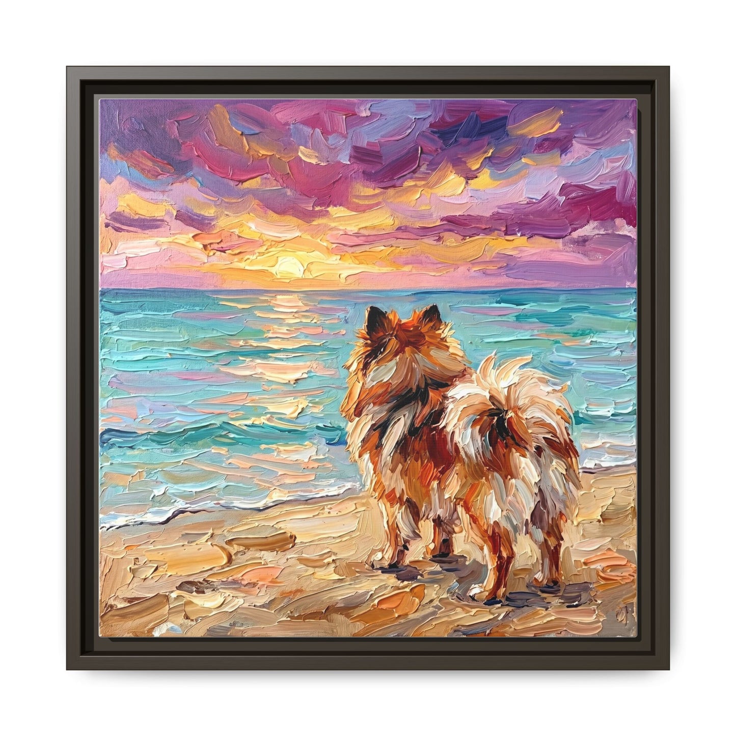 "Beach Sunset - Pomeranian" Framed Canvas Wall Art