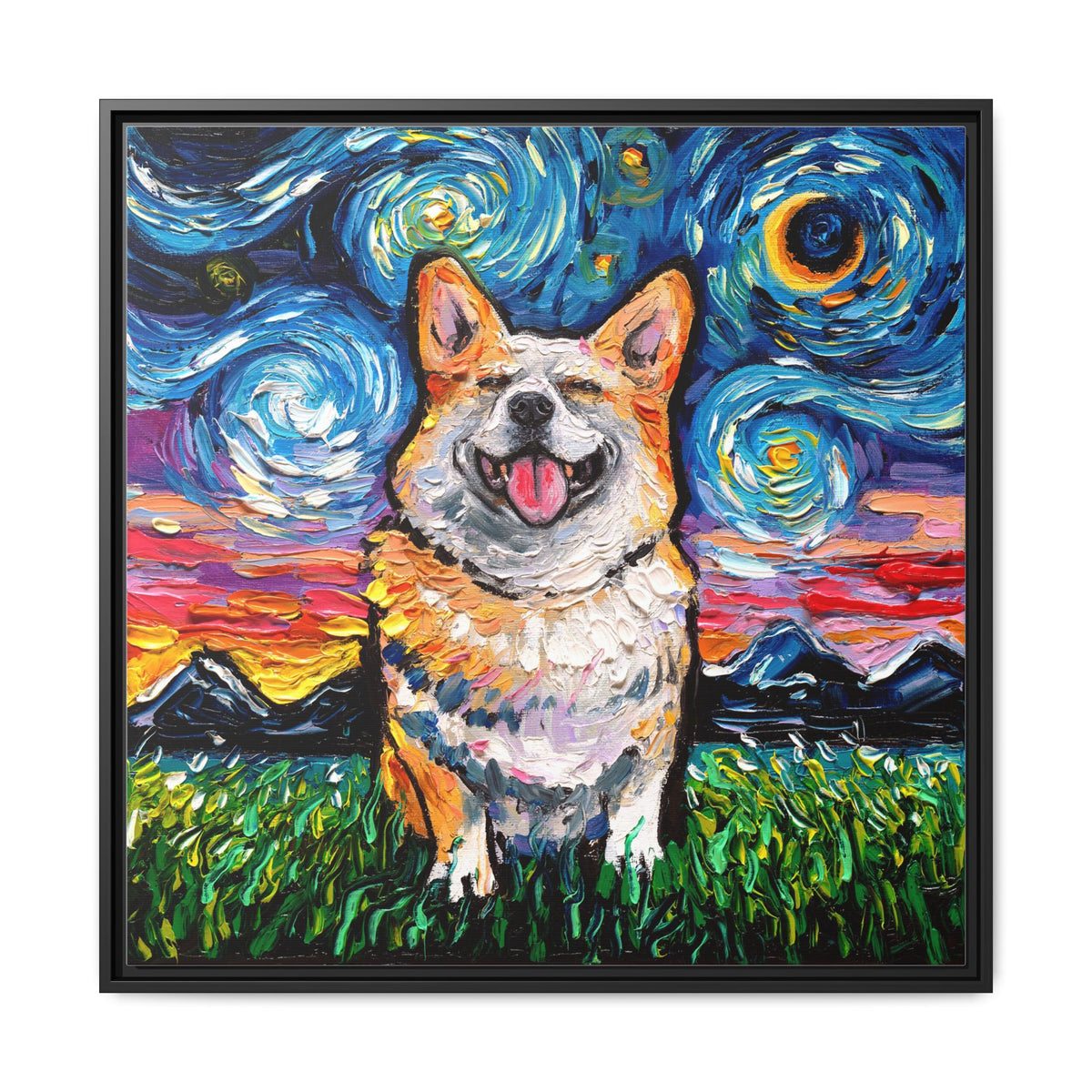 "Smiling Corgi Night" Framed Canvas Wall Art