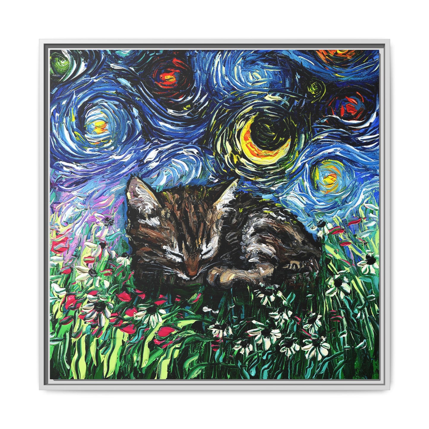 "Sleepy Tabby Kitten Night" Framed Canvas Wall Art