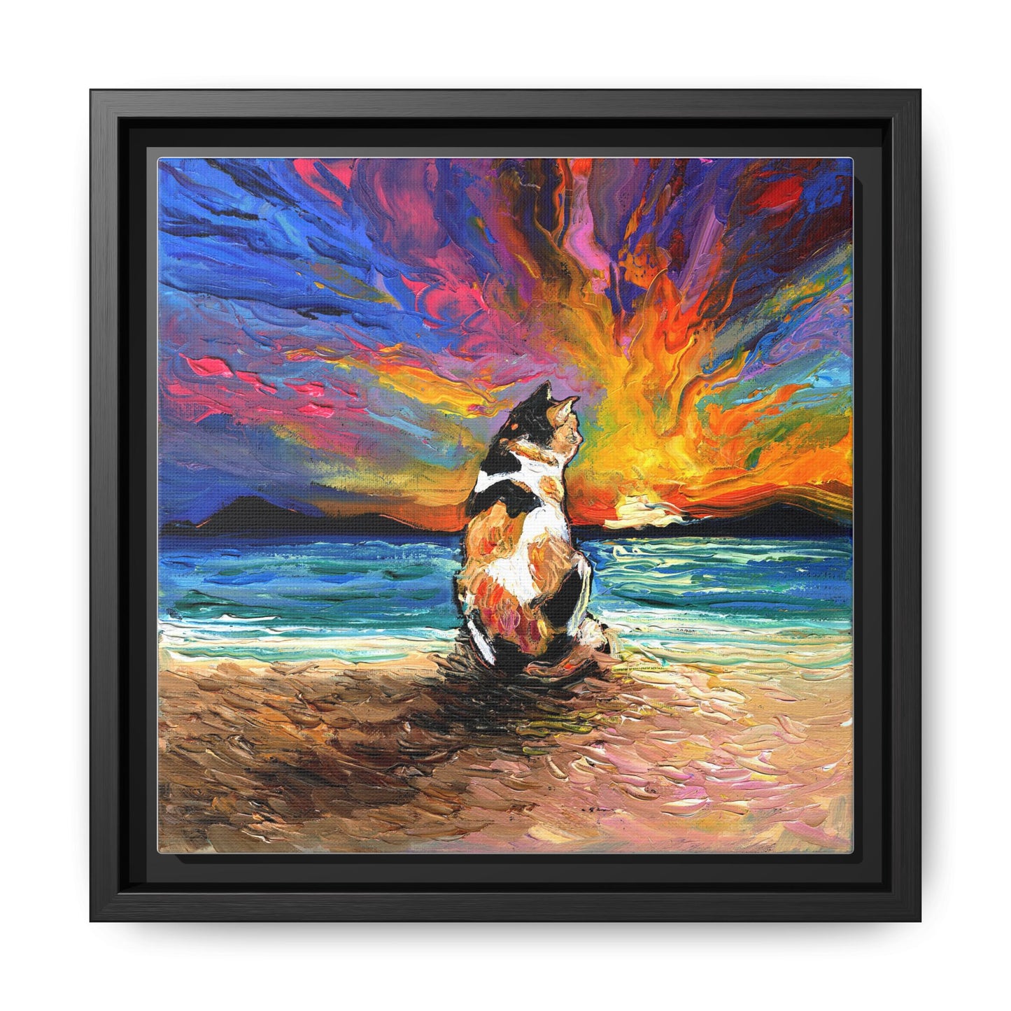 "Beach Day - Calico Cat" Framed Canvas Wall Art