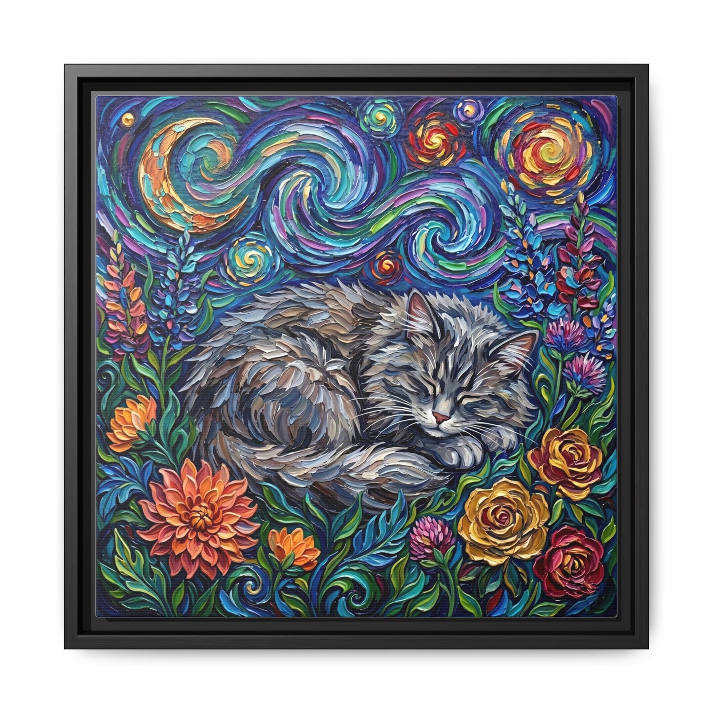 "Amongst The Flowers - Gray Domestic Long Haired Cat" Framed Canvas Wall Art