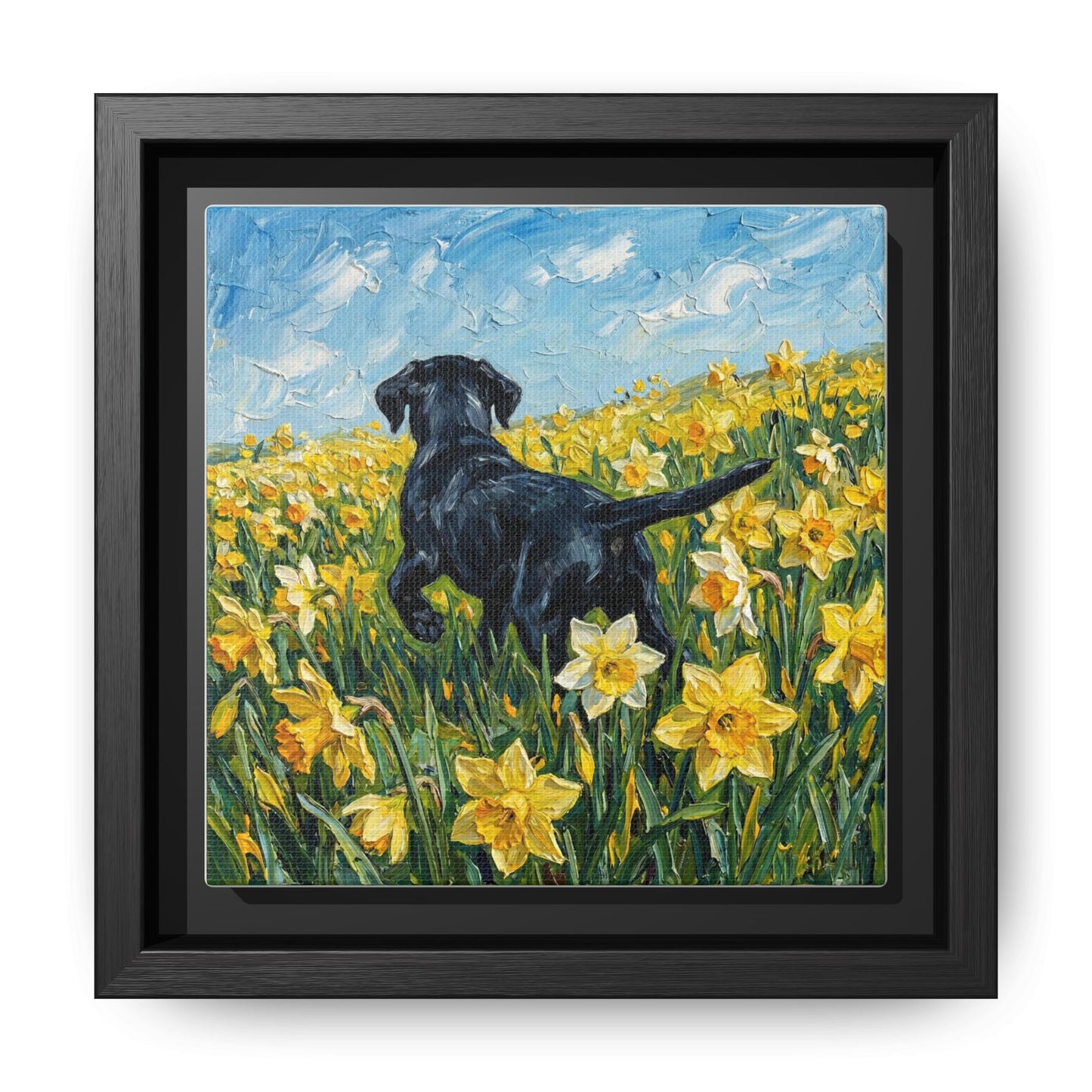 "Amongst The Flowers - Black Labrador" Framed Canvas Wall Art