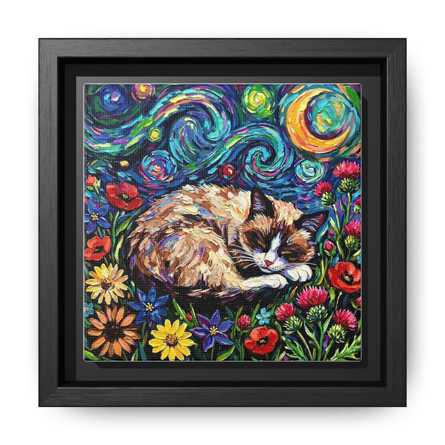 "Sleepy Snowshoe Cat Night" Framed Canvas Wall Art