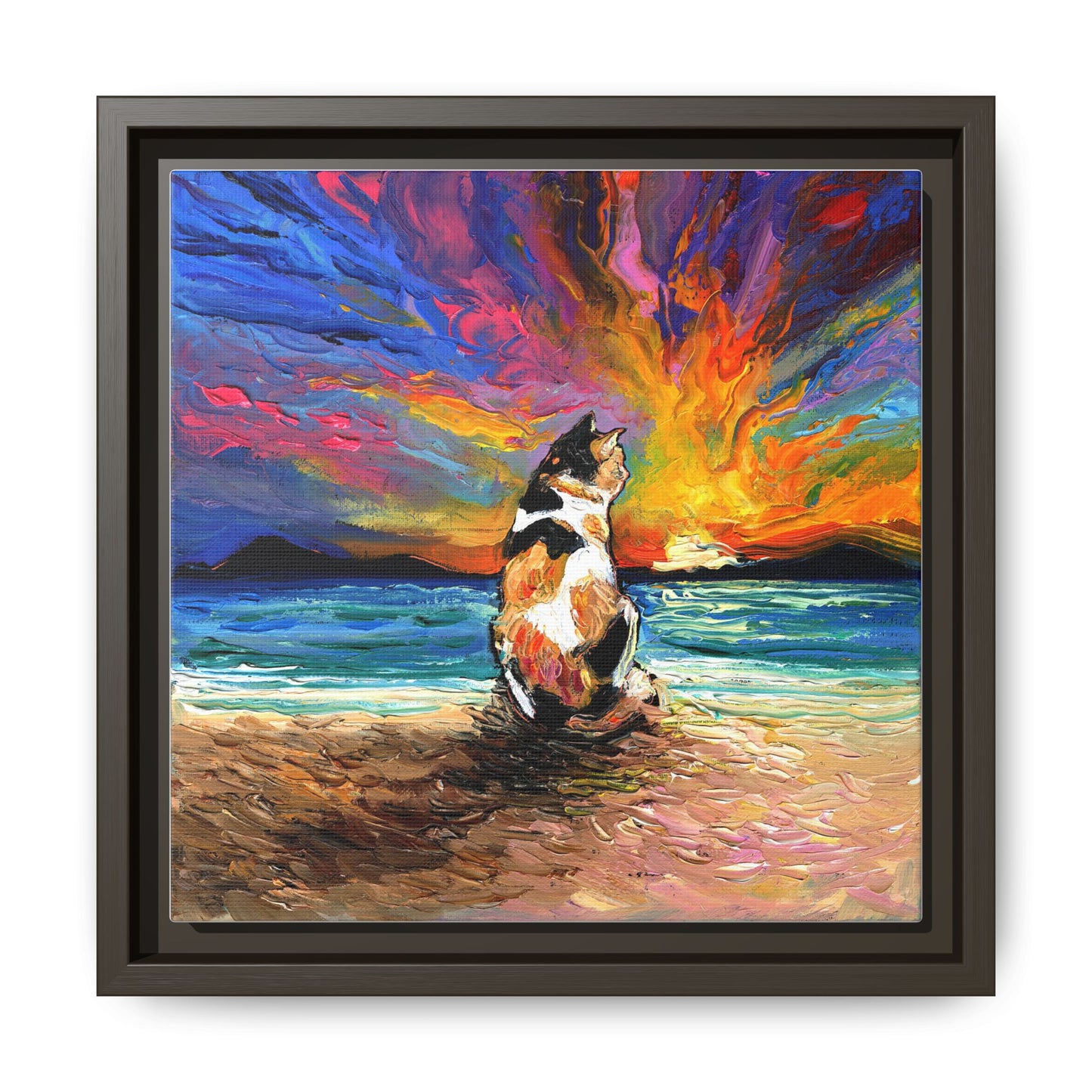 "Beach Day - Calico Cat" Framed Canvas Wall Art