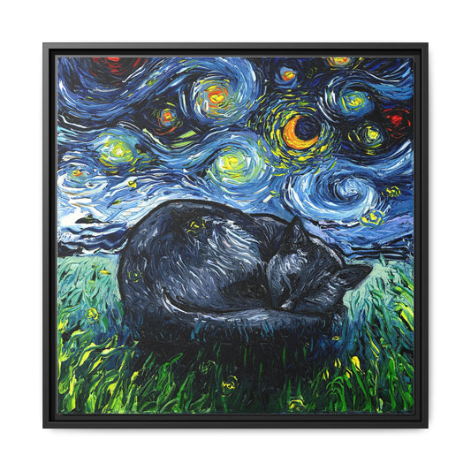 "Sleepy Black Cat Night" Framed Canvas Wall Art