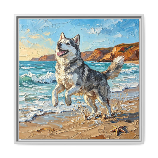"Beach Day - Husky" Framed Canvas Wall Art