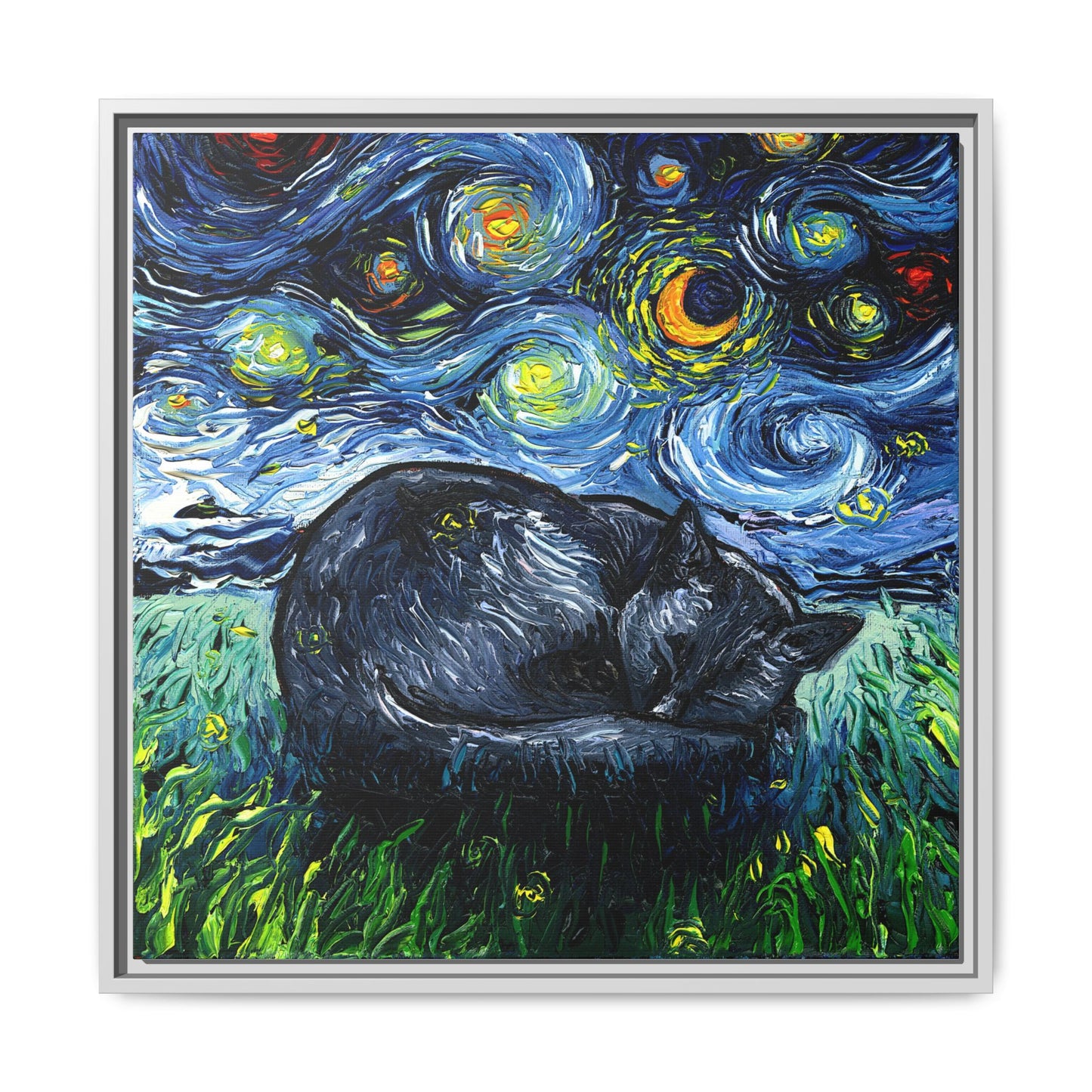 "Sleepy Black Cat Night" Framed Canvas Wall Art