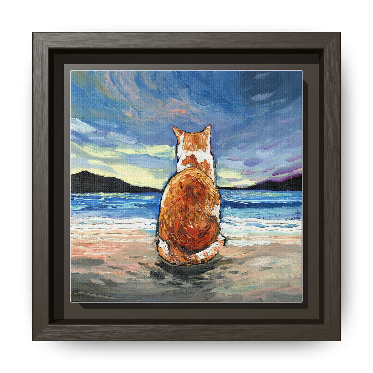 "Beach Day - Orange and White Tabby Cat" Framed Canvas Wall Art