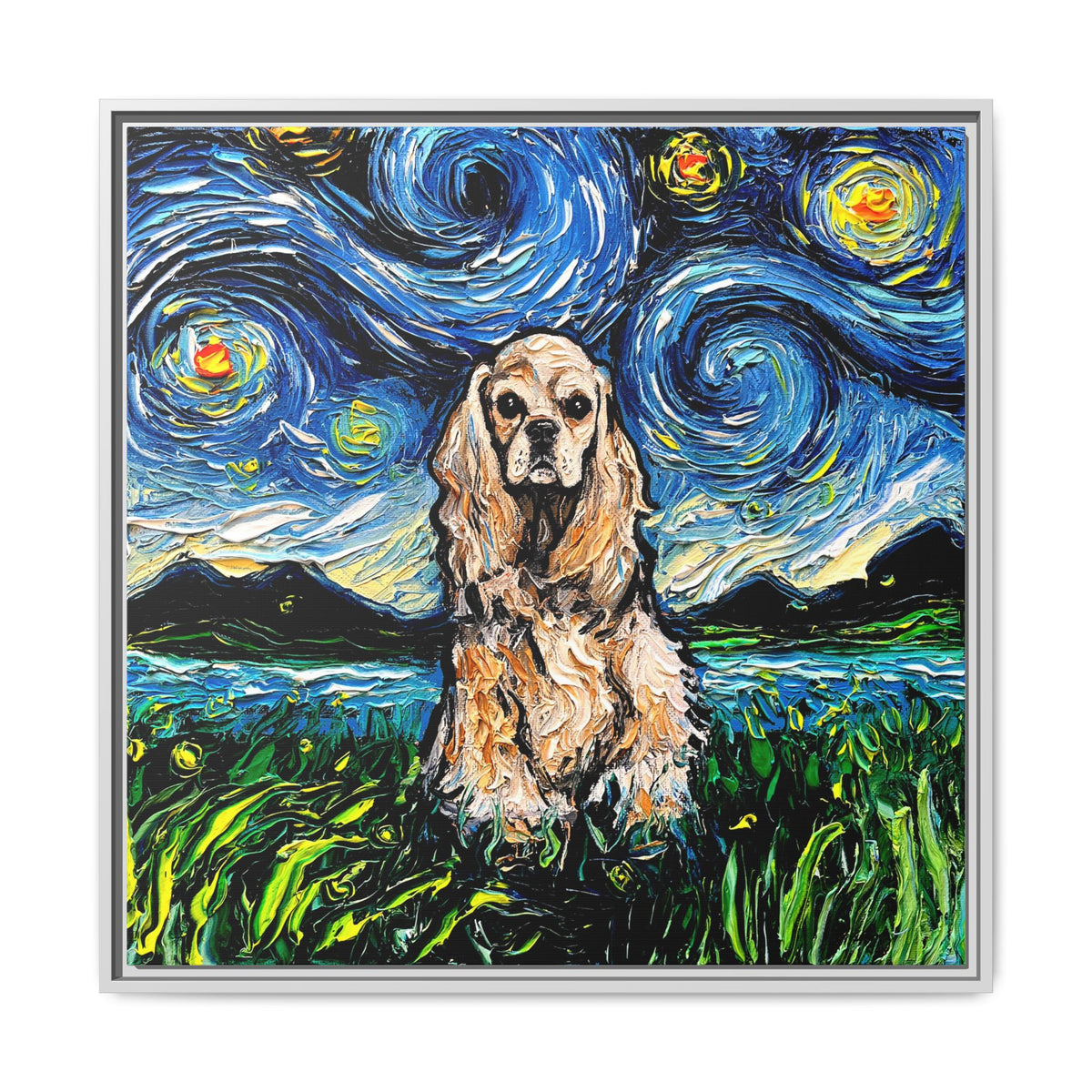 "Buff American Cocker Spaniel Night" Framed Canvas Wall Art