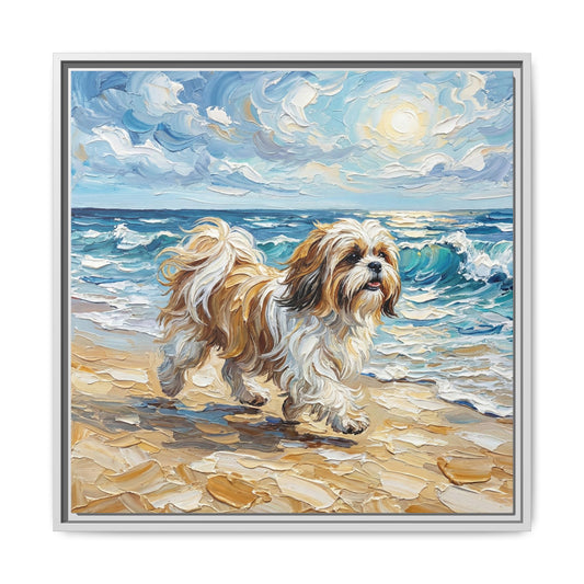 "Beach Day - Shih Tzu" Framed Canvas Wall Art