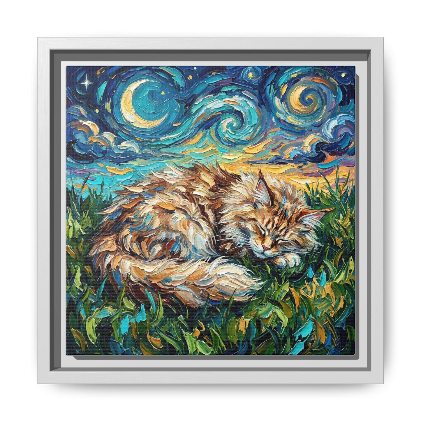 "Sleepy Maine Coon Night" Framed Canvas Wall Art