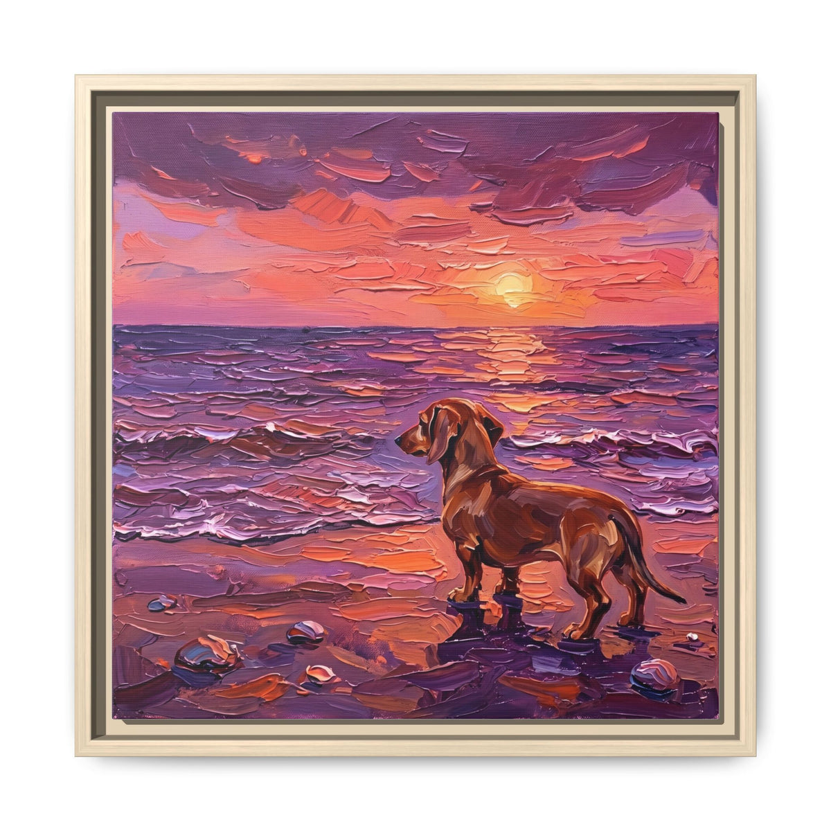 "Beach Day - Brown Dachshund" Framed Canvas Wall Art