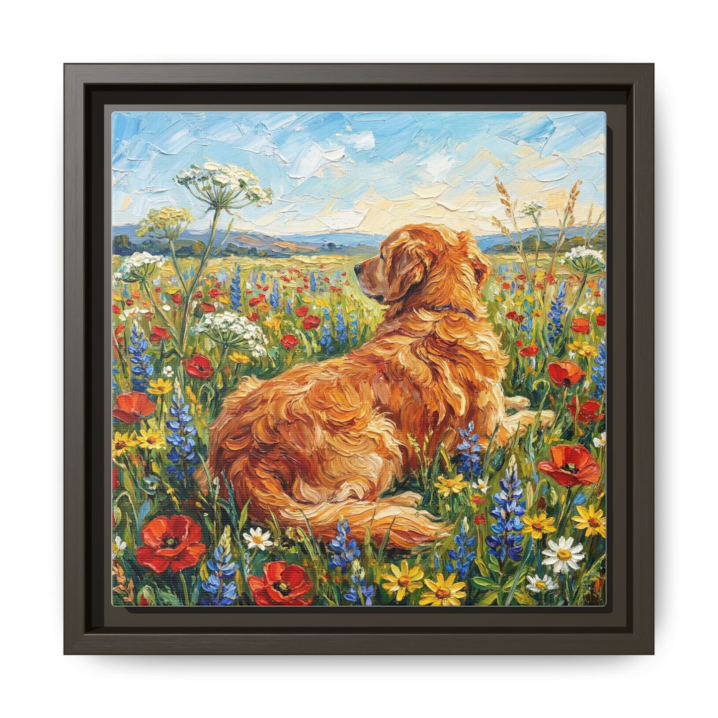 "Amongst The Flowers - Golden Retriever" Framed Canvas Wall Art
