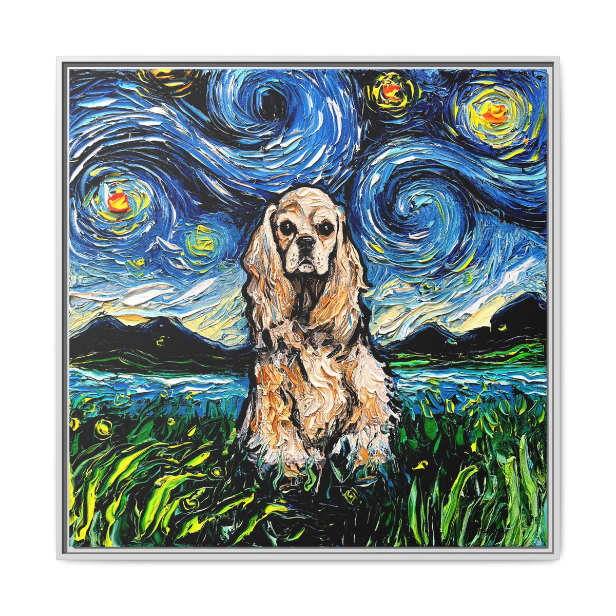 "Buff American Cocker Spaniel Night" Framed Canvas Wall Art